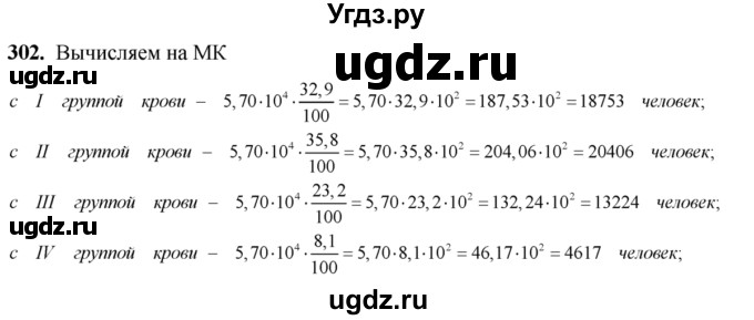 302. В городе с населением 5,70 * 10^4 человек было проведено медицинское обследование населения с целью выявления частоты встречающихся групп крови. Выяснили, что людей с группой крови I приблизительно 32,9%, с группой крови II — 35,8%, с группой III — 23,2% и с группой IV — 8,1%. Сколько приблизительно человек с каждой из групп крови проживает в городе?