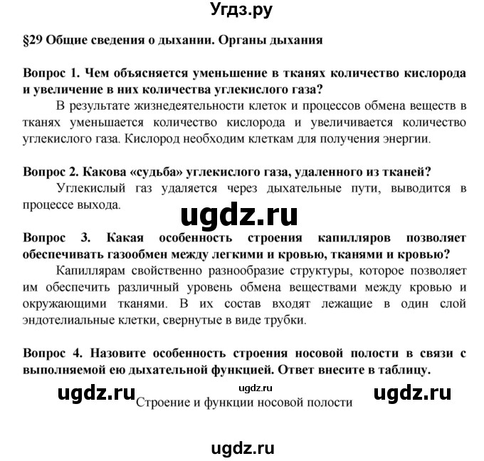 ГДЗ (Решебник) по биологии 8 класс Каменский А.А. / параграф номер / 29