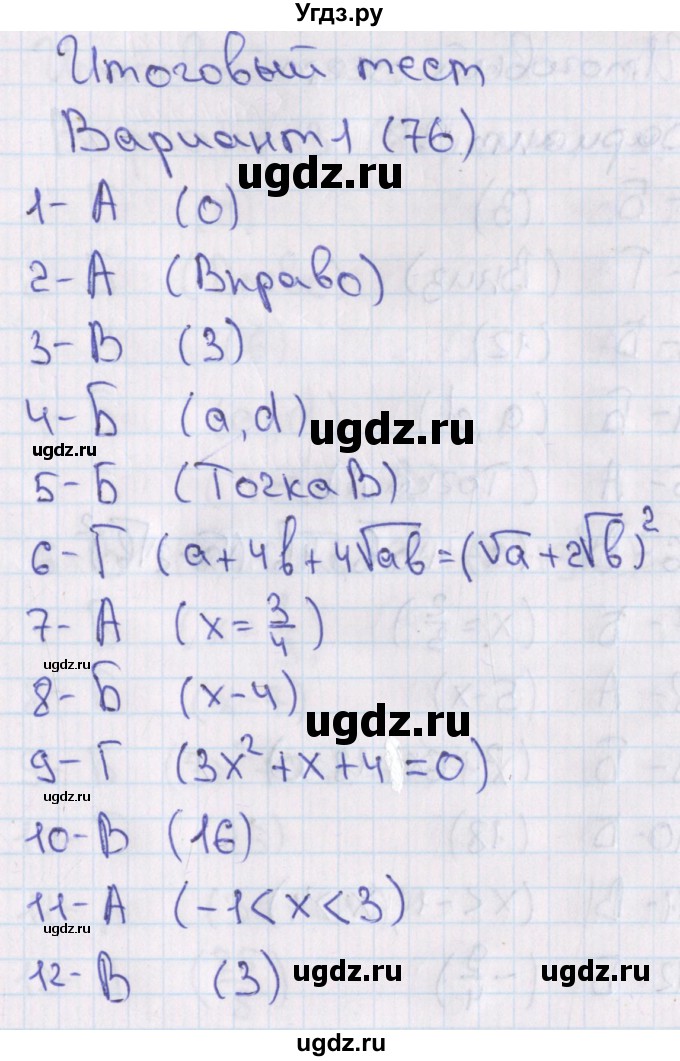 ГДЗ (Решебник) по алгебре 7 класс (тесты) Мордкович А.Г. / 8 класс / итоговый тест. вариант / 1