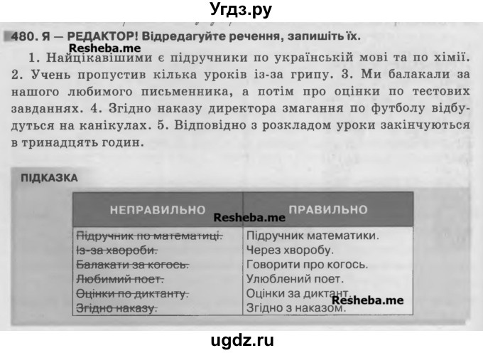 ГДЗ (Учебник) по украинскому языку 7 класс Глазова О.П. / вправа номер / 480