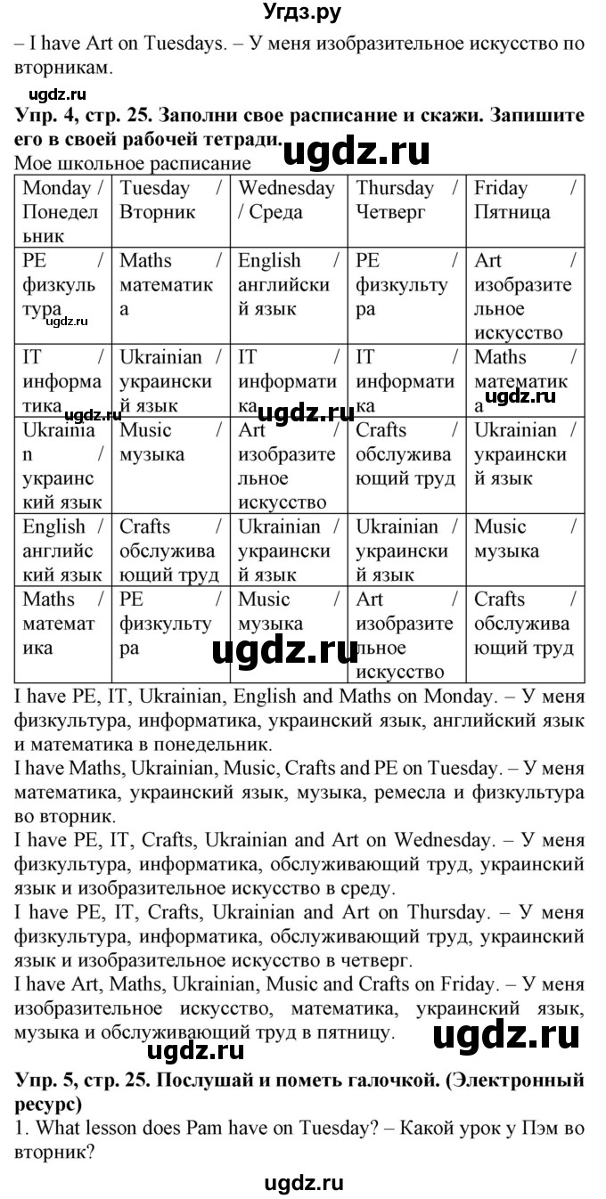 ГДЗ (Решебник) по английскому языку 4 класс (Start Up!) Павличенко О.М. / страница номер / 25(продолжение 2)