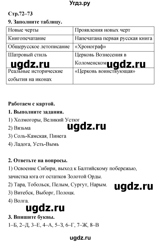 ГДЗ (Решебник) по истории 6 класс (тетрадь-тренажер) Данилов А.А. / страница номер / 72–73
