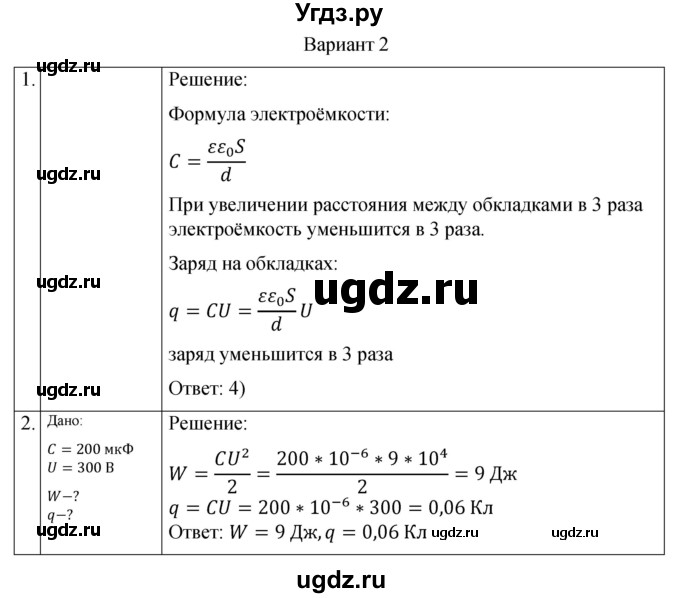 ГДЗ (Решебник) по физике 10 класс (самостоятельные и контрольные работы) Ерюткин Е.С. / электродинамика / электростатика / СР-4. вариант / 2