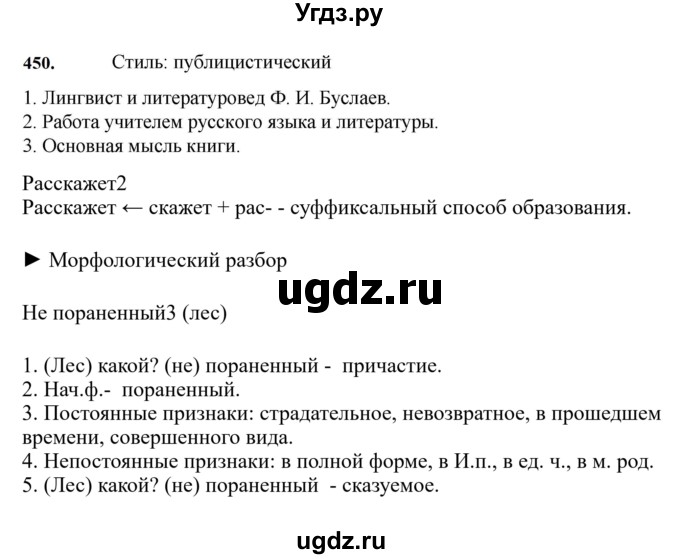 ГДЗ (Решебник к учебнику 2023) по русскому языку 7 класс М.Т. Баранов / упражнение / 450