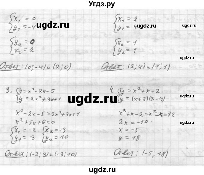 635. Найти координаты точек пересечения графиков функций:
1) у = х^2- 4 и у = 2x-4;
2) у = х^2 и у = Зх-2;
3) у=х^2-2х-5 и у = 2х^2 + Зх + 1;
4) у = х^2 + х - 2 и у = (х + 3)(х-4).