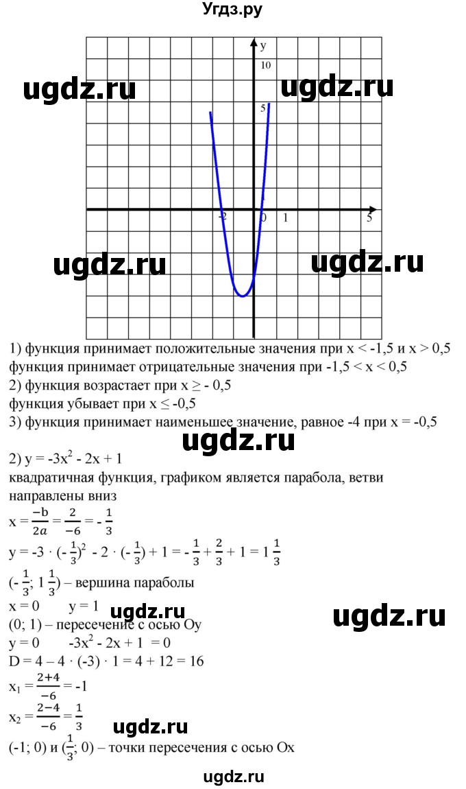 Построить график функции и по графику: 
1) найти значения х, при которых значения функции положительны; отрицательны; 
2) найти промежутки возрастания и убывания функции; 
3) выяснить, при каком значении х функция принимает наибольшее или наименьшее значение; найти его (624—625).


625. 1) у = 4х^2 + 4х - 3;
2) у = -Зх^2 - 2х + 1;
3) у = -2х^2 + Зх + 2;
4) y = Зх^2-8х + 4; 
5) у = 4х^2 + 12х + 9; 
6) у = -4х^2 + 4х - 1; 
7) у = 2х^2-4х + 5; 
8) у = -Зх^2 - 6х - 4.