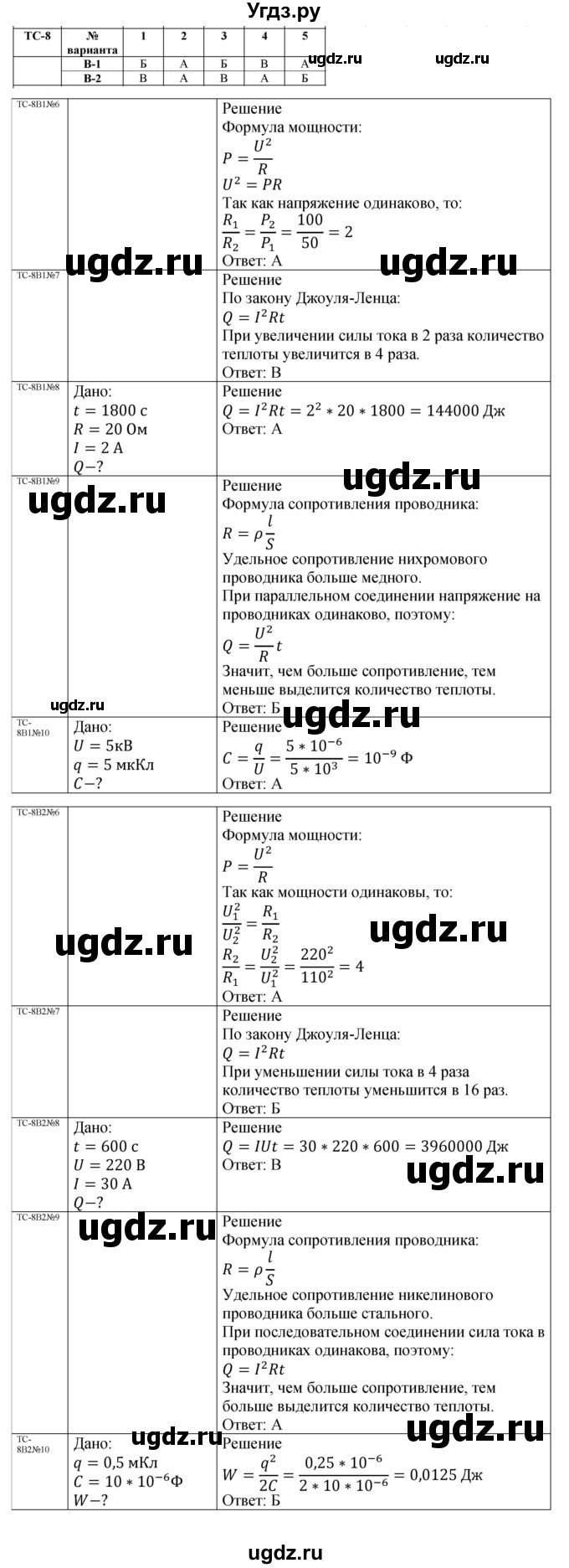 ГДЗ (Решебник 2022) по физике 8 класс (дидактические материалы) Марон А.Е. / тест / 8