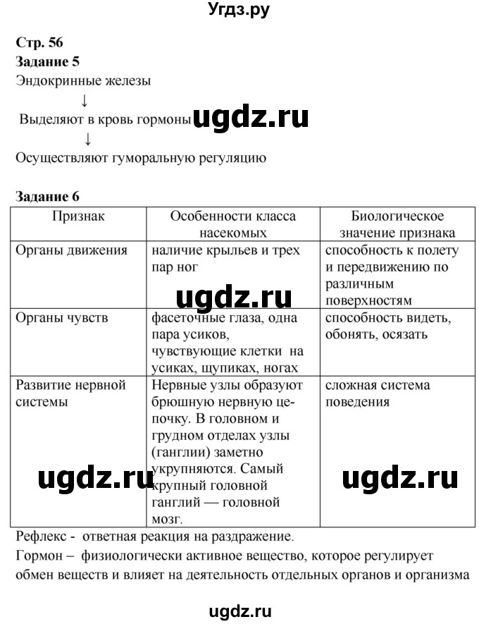 ГДЗ (Решебник) по биологии 7 класс (рабочая тетрадь) Сухова Т.С. / часть 2 страница номер / 56