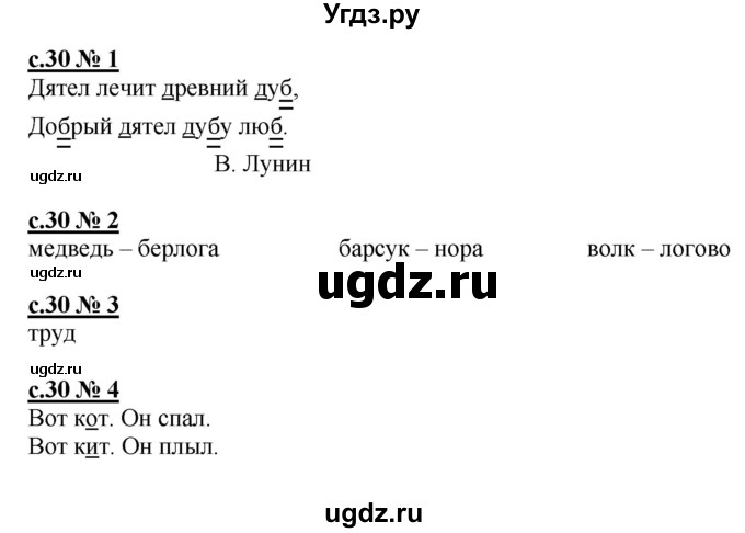 ГДЗ (Решебник) по русскому языку 1 класс (рабочая тетрадь к букварю) Адрианова Т.М. / страница / 30