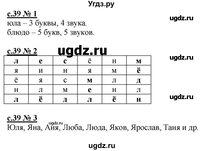 ГДЗ (Решебник) по русскому языку 1 класс (рабочая тетрадь к букварю) Адрианова Т.М. / страница / 39