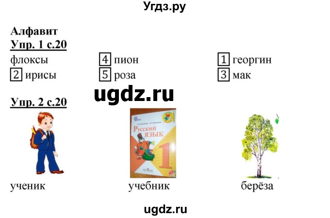 ГДЗ (Решебник) по русскому языку 1 класс (рабочая тетрадь) Адрианова Т.М. / тетрадь №1. страница / 20