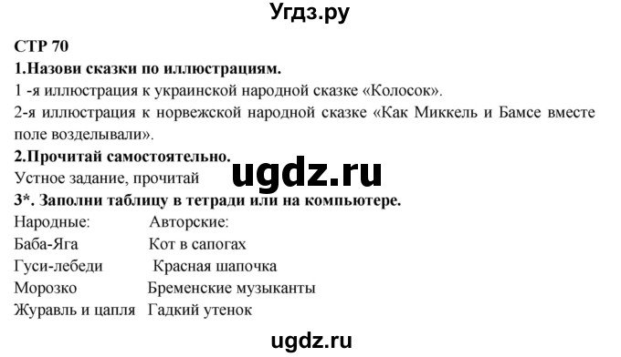 ГДЗ (Решебник) по литературе 2 класс Ефросинина Л.А. / часть 2. вопросы и задания. страница номер / 70