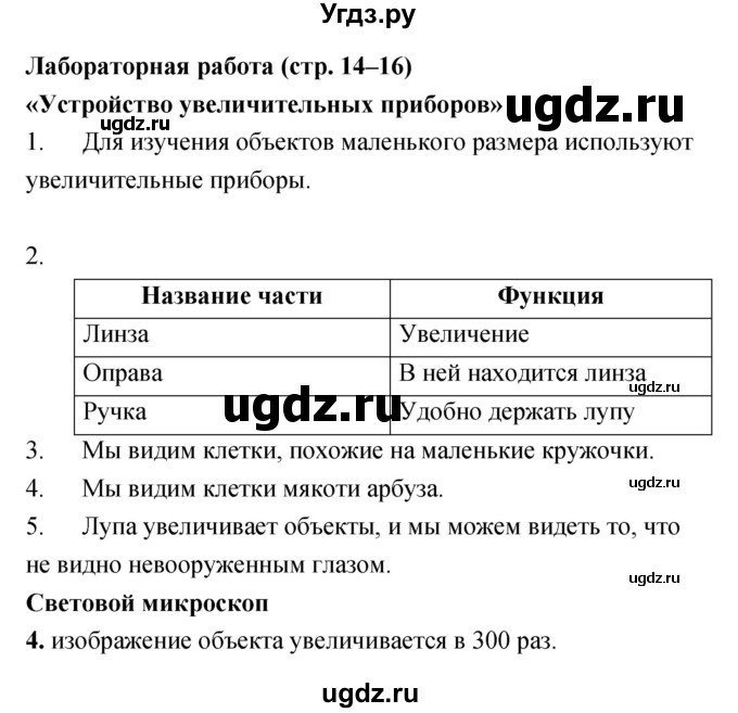 ГДЗ (Решебник) по биологии 5 класс (рабочая тетрадь) Сонин Н.И. / тренировочные и лабораторные работы номер / Стр. 14–16