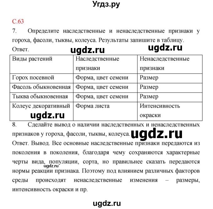 ГДЗ (Решебник) по биологии 9 класс (рабочая тетрадь) Пономарева И.Н. / страница номер / 63