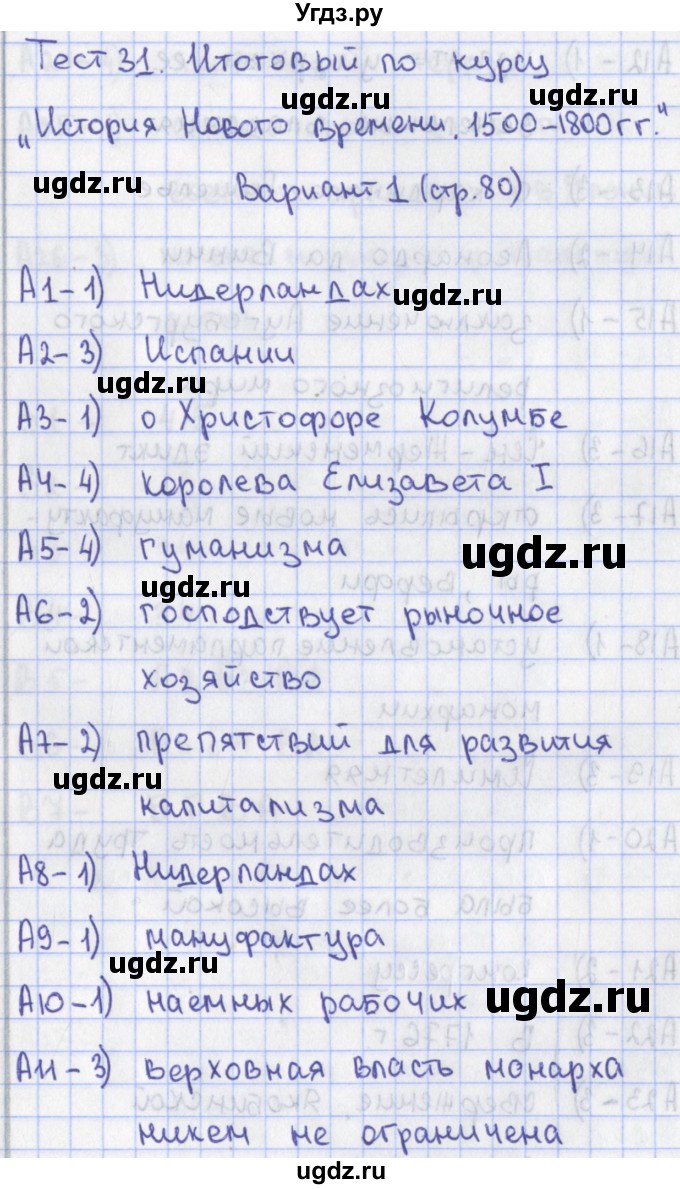 ГДЗ (Решебник) по истории 7 класс (контрольно-измерительные материалы Нового времени) Волкова К.В. / тест 31. вариант номер / 1