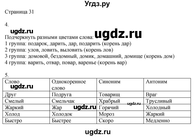 ГДЗ (Решебник) по русскому языку 2 класс (рабочая тетрадь к учебнику Канакиной) Тихомирова Е.М. / часть 1. страница номер / 31