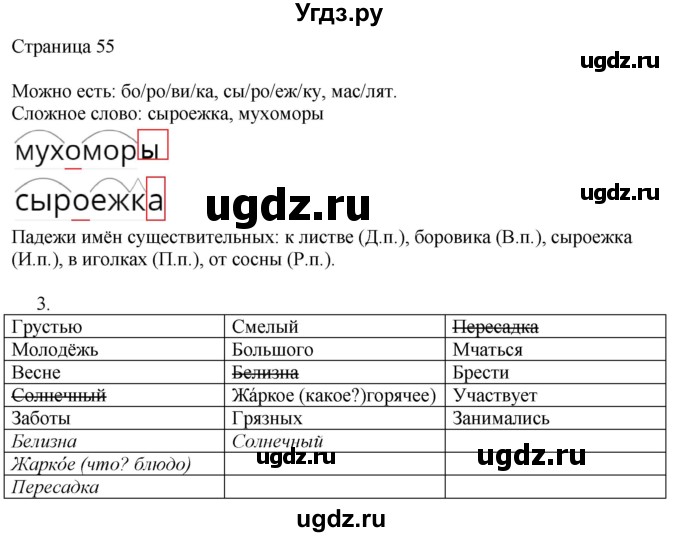 ГДЗ (Решебник) по русскому языку 3 класс (рабочая тетрадь к учебнику Канакиной) Тихомирова Е.М. / часть 2. страница номер / 55