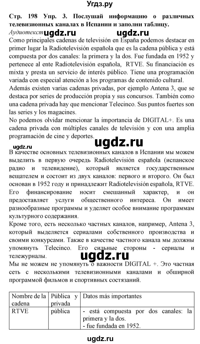 ГДЗ (Решебник) по испанскому языку 9 класс Гриневич Е.К. / страница номер / 198