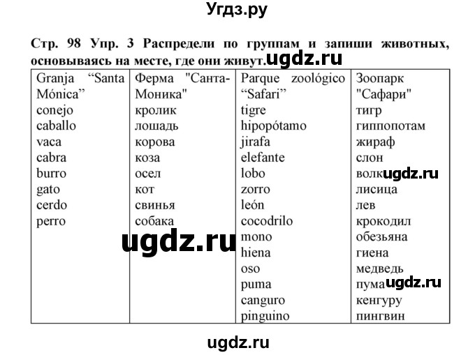 ГДЗ (Решебник) по испанскому языку 3 класс (рабочая тетрадь) Гриневич Е.К. / страница номер / 98