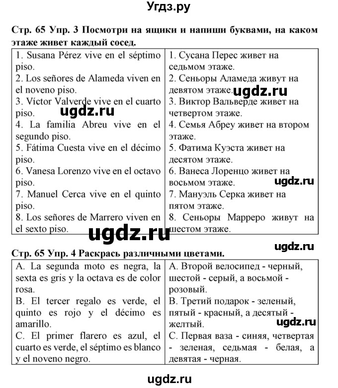 ГДЗ (Решебник) по испанскому языку 4 класс (рабочая тетрадь) Гриневич Е.К. / страница-номер / 65