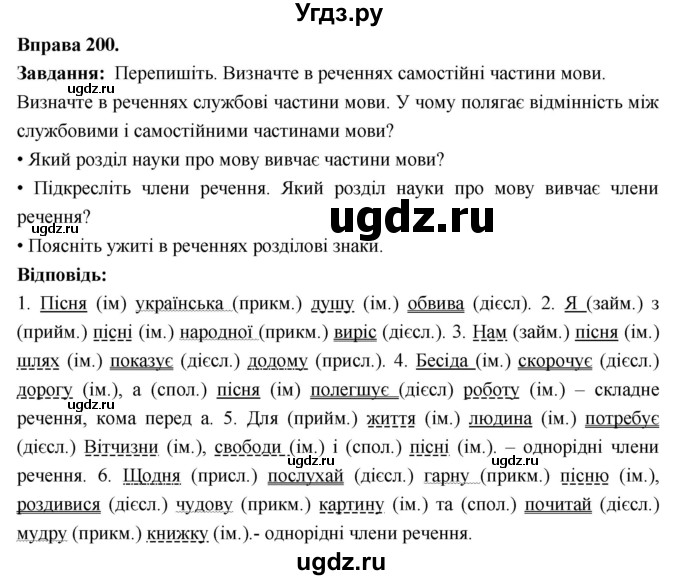 ГДЗ (Решебник) по украинскому языку 6 класс Глазова О.П. / вправа номер / 200