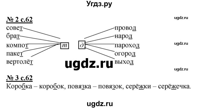 ГДЗ (Решебник) по русскому языку 2 класс (рабочая тетрадь к учебнику Климановой) Тихомирова Е.М. / часть 1. страница / 62