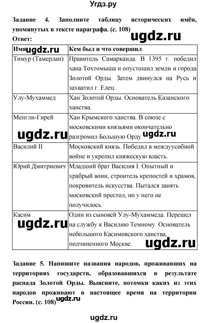 ГДЗ (Решебник) по истории 6 класс (рабочая тетрадь) Артасов И.А. / страница / 108