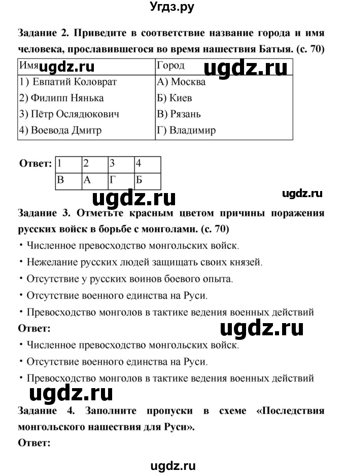 ГДЗ (Решебник) по истории 6 класс (рабочая тетрадь) Артасов И.А. / страница / 70