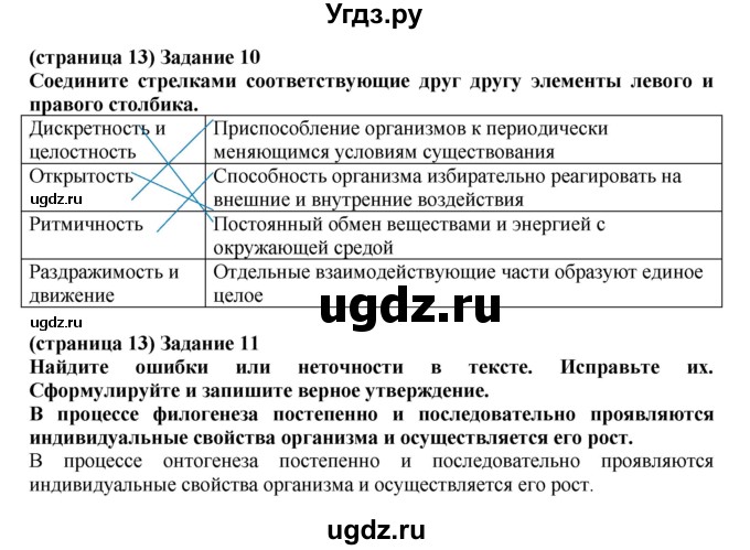 ГДЗ (Решебник) по биологии 10 класс (рабочая тетрадь) Агафонова И.Б. / страница номер / 13