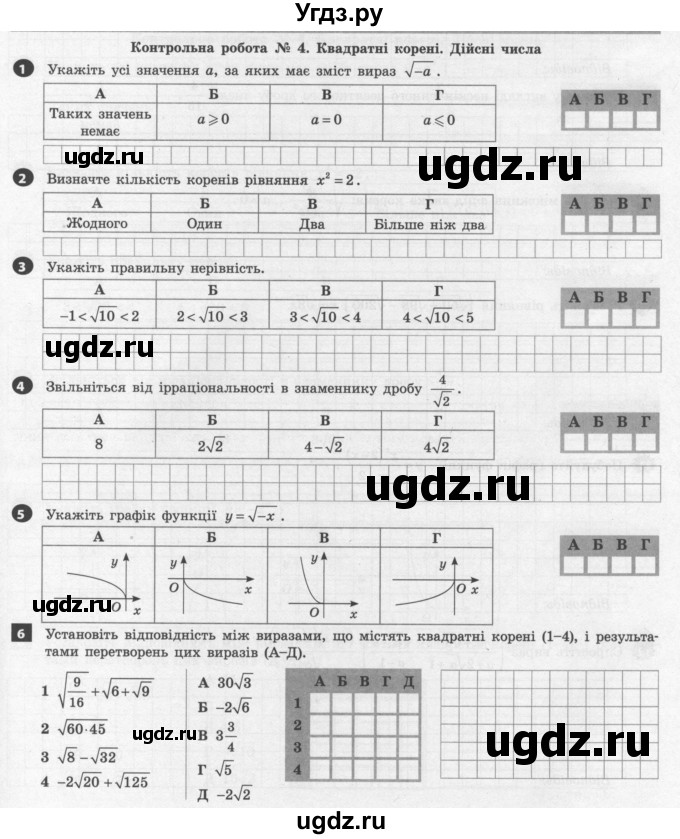 ГДЗ (Учебник) по алгебре 8 класс (тестовый контроль знаний) Гальперина А.Р. / контрольні роботи номер / КР-4. варіант / 1