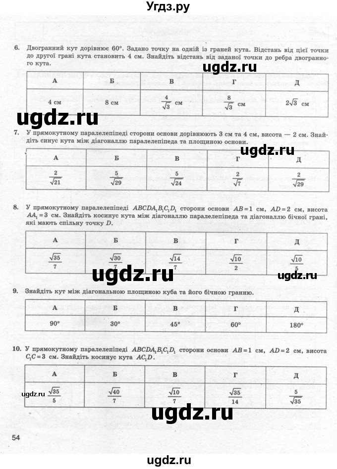 ГДЗ (Учебник) по алгебре 10 класс (комплексная тетрадь для контроля знаний) Скляренко О.В. / страница номер / 54