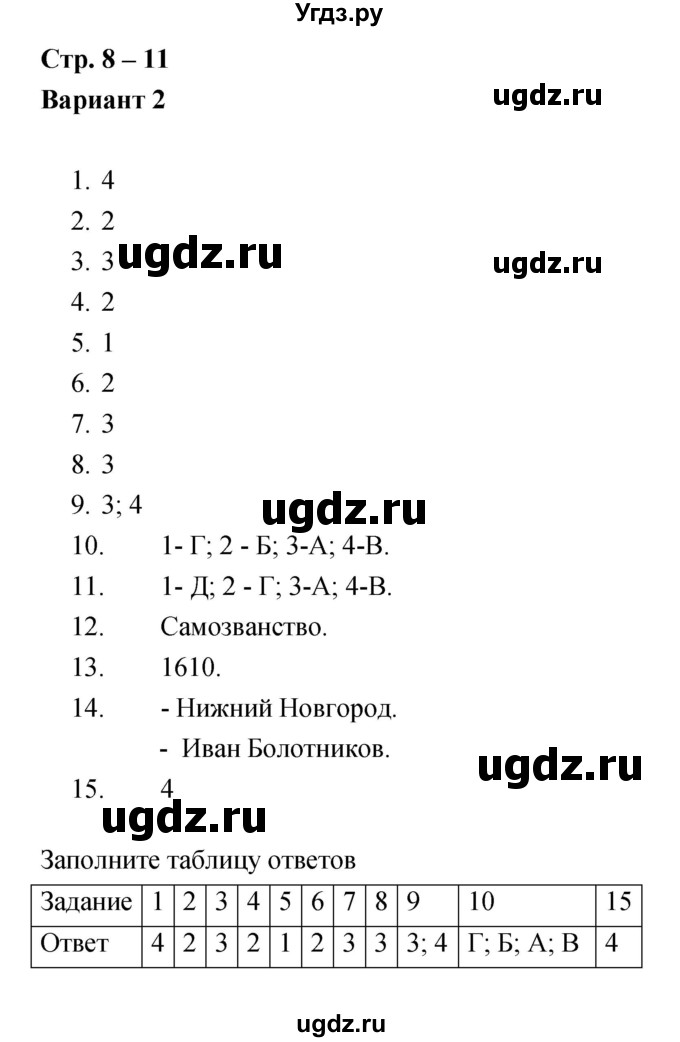 ГДЗ (Решебник) по истории 7 класс (тетрадь-экзаменатор) Артасов И.А. / проверочная работа номер / 8–11