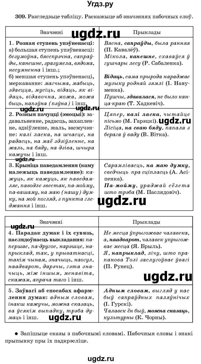 ГДЗ (Учебник 2016) по белорусскому языку 8 класс Бадзевіч З. І. / учебник 2016 / практыкаванне / 309