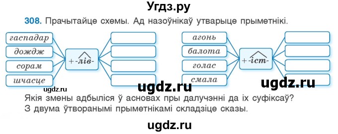 ГДЗ (Учебник) по белорусскому языку 6 класс Валочка Г.М. / практыкаванне / 308