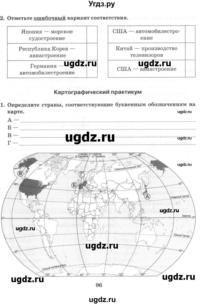 ГДЗ (Тетрадь) по географии 10 класс (рабочая тетрадь) Домогацких Е.М. / часть 1. страница / 96