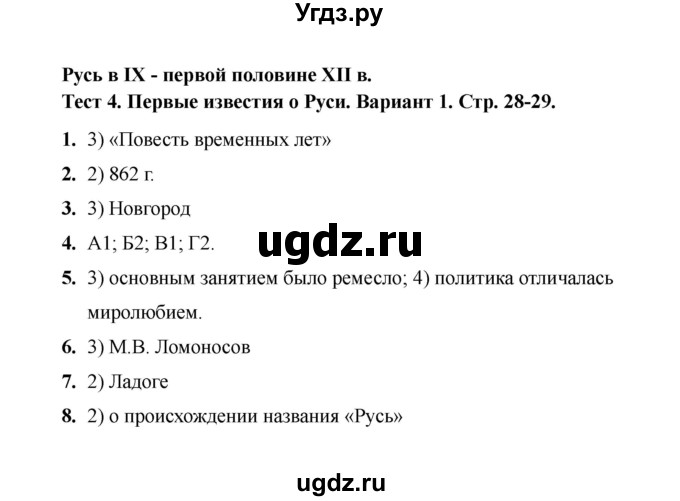 ГДЗ (Решебник 2020) по истории 6 класс (тесты) С. Е. Воробьева / тест 4 / Вариант 1