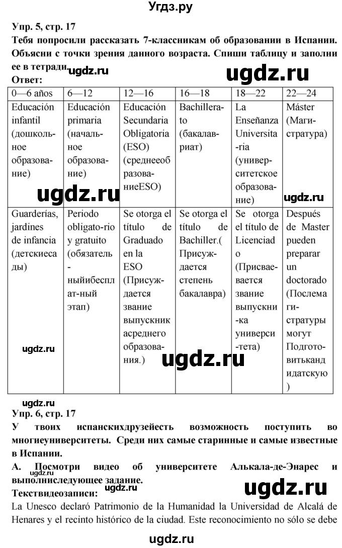 ГДЗ (Решебник) по испанскому языку 10 класс Цыбулева Т.Э. / часть 1. страница / 17