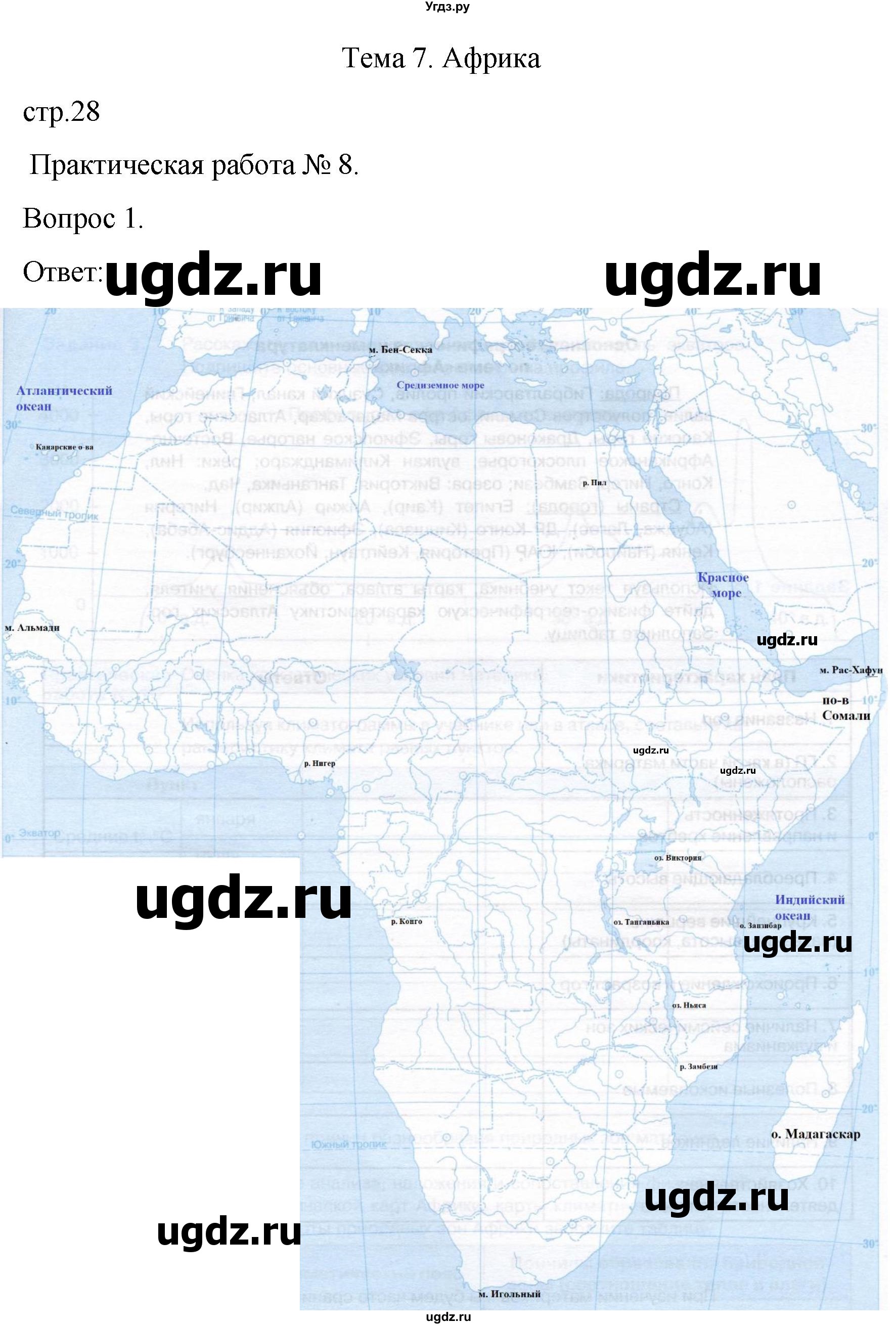ГДЗ (Решебник) по географии 7 класс (рабочая тетрадь Материки и океаны) Баринова И.И. / страница / 28