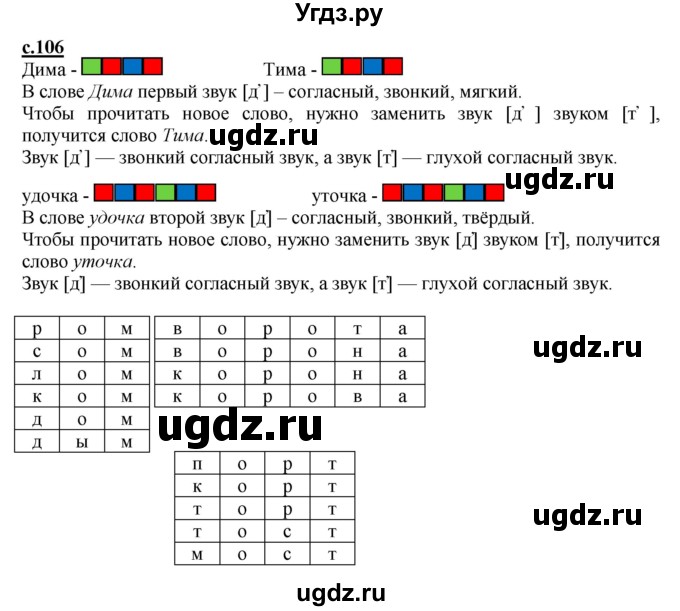 ГДЗ (Решебник) по русскому языку 1 класс (букварь) Журова Л.Е. / часть 1. страница / 106