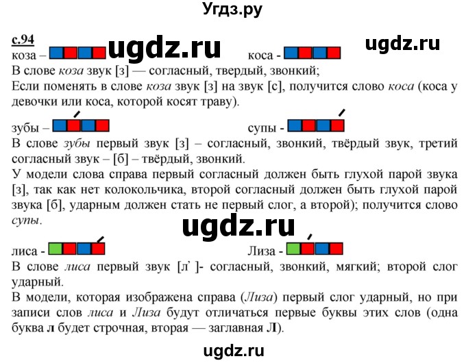 ГДЗ (Решебник) по русскому языку 1 класс (букварь) Журова Л.Е. / часть 1. страница / 94