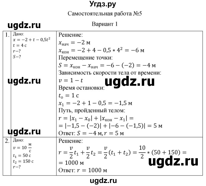 ГДЗ (Решебник) по физике 10 класс (самостоятельные и контрольные работы) Ерюткин Е.С. / механика / кинематика / СР-5. вариант / 1