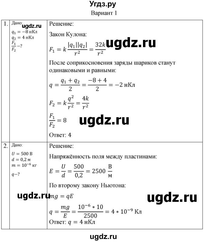 ГДЗ (Решебник) по физике 10 класс (самостоятельные и контрольные работы) Ерюткин Е.С. / электродинамика / контрольная работа. вариант / 1