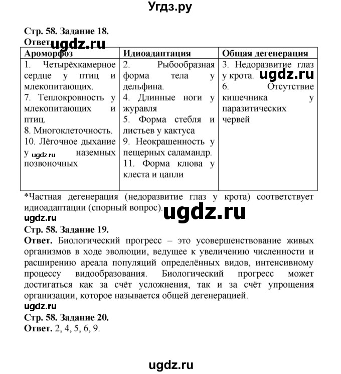 ГДЗ (Решебник) по биологии 10 класс (рабочая тетрадь) О.В. Саблина / страница / 58