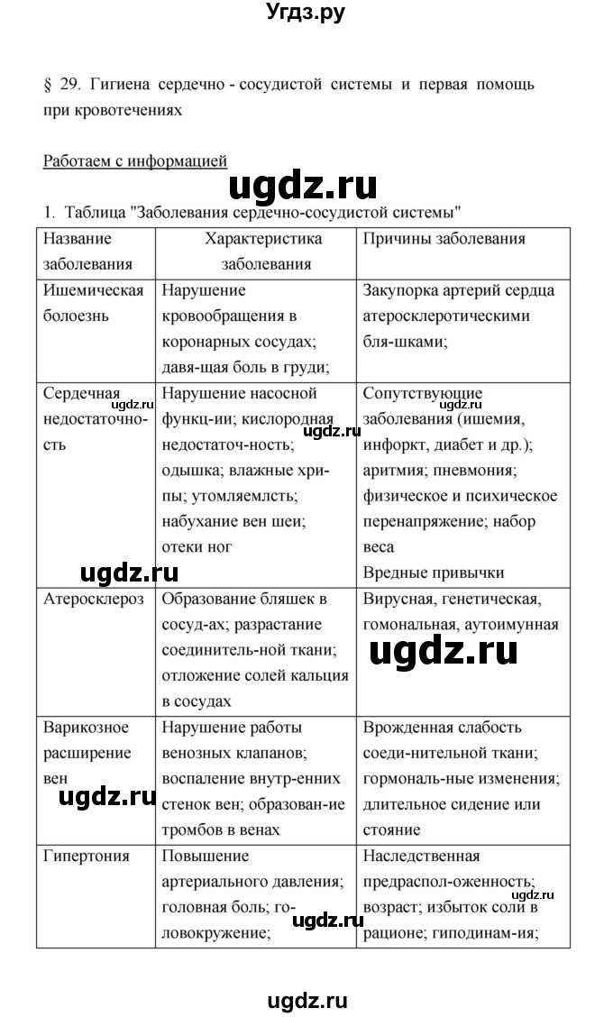 ГДЗ (Решебник) по биологии 8 класс (рабочая тетрадь) В.И. Сивоглазов / параграф 29 (упражнение) / 1