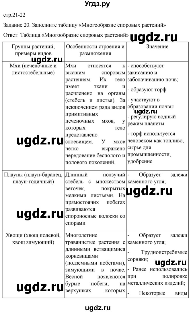 ГДЗ (Решебник) по биологии 7 класс (рабочая тетрадь) Пасечник В.В. / страница / 21-22