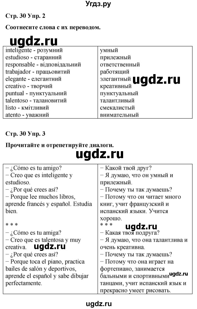 ГДЗ (Решебник) по испанскому языку 4 класс Бреславська В. / страница / 30(продолжение 2)