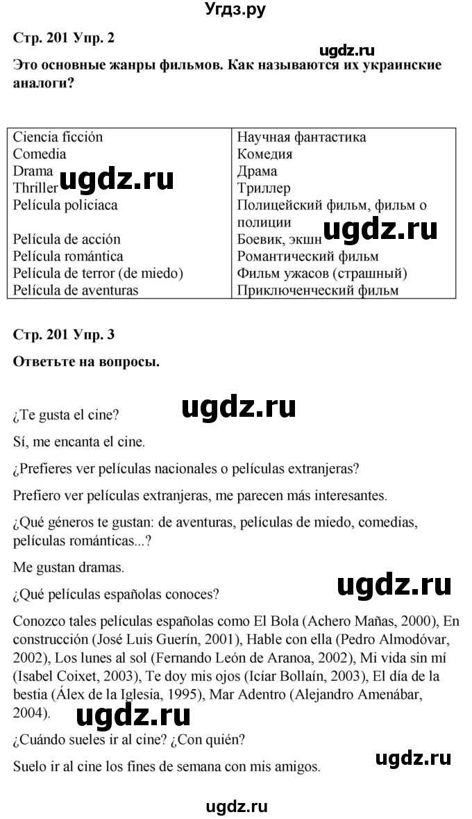 ГДЗ (Решебник) по испанскому языку 8 класс Редько В.Г. / страница / 201(продолжение 2)