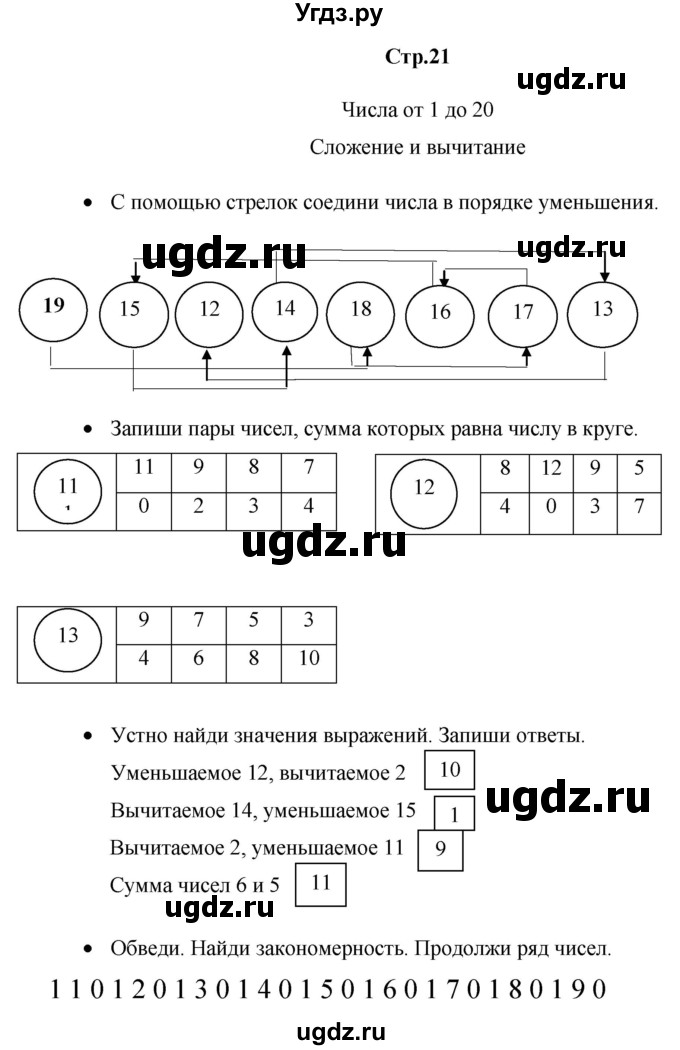 ГДЗ (Решебник к тетради 2020) по математике 1 класс (рабочая тетрадь) Кремнева С.Ю. / тетрадь №2. страница / 21