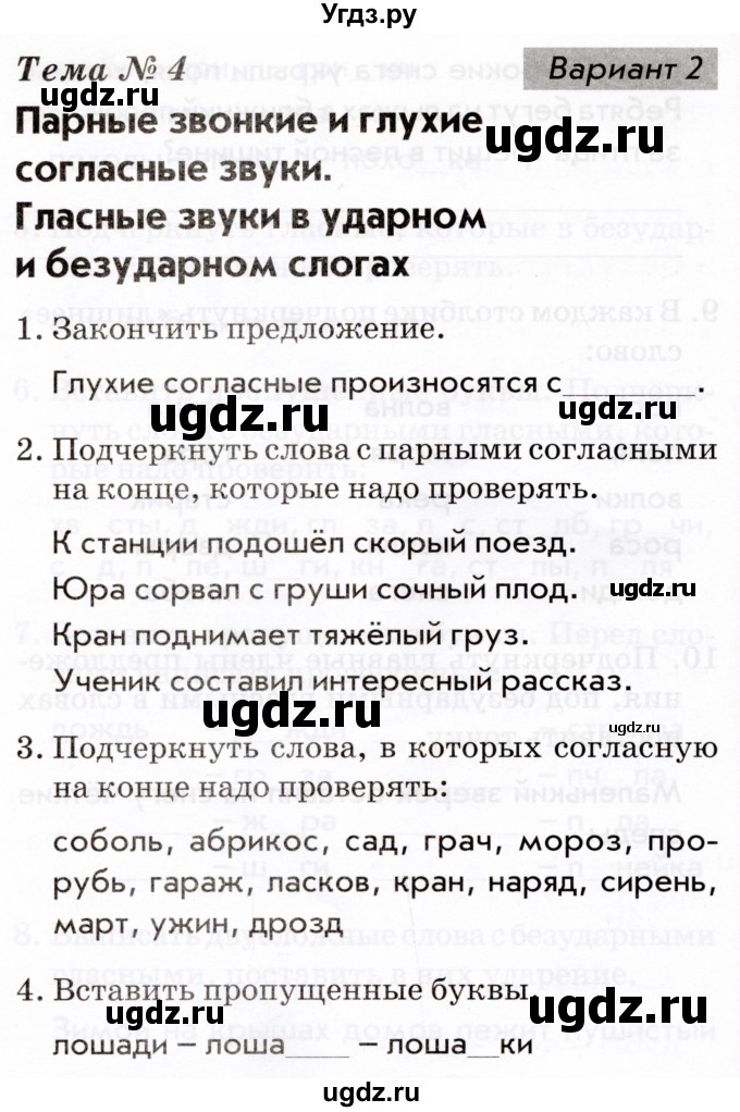 ГДЗ (Тетрадь 2022) по русскому языку 1 класс (Тематический контроль (математика, русский)) В.Т. Голубь / русский язык / 4. парные звонкие и глухие согласные звуки / Вариант 2