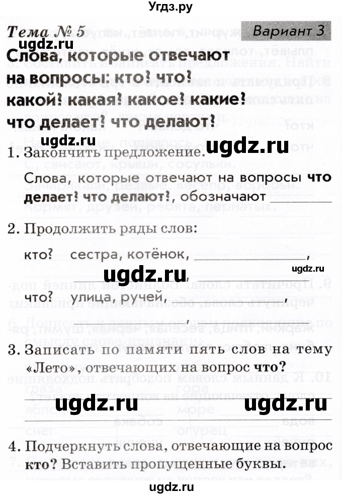 ГДЗ (Тетрадь 2022) по русскому языку 1 класс (Тематический контроль (математика, русский)) В.Т. Голубь / русский язык / 5. слова, которые отвечают на вопросы: кто? что? / Вариант 3